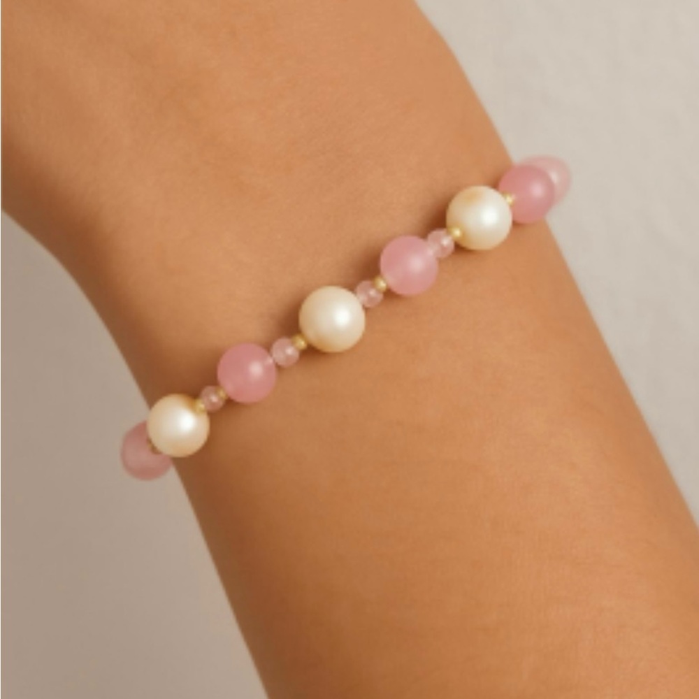 Pink Beaded Bracelet Faux Pearls Gold Tone Spacers and Clasp 7.5 Inch Vintage